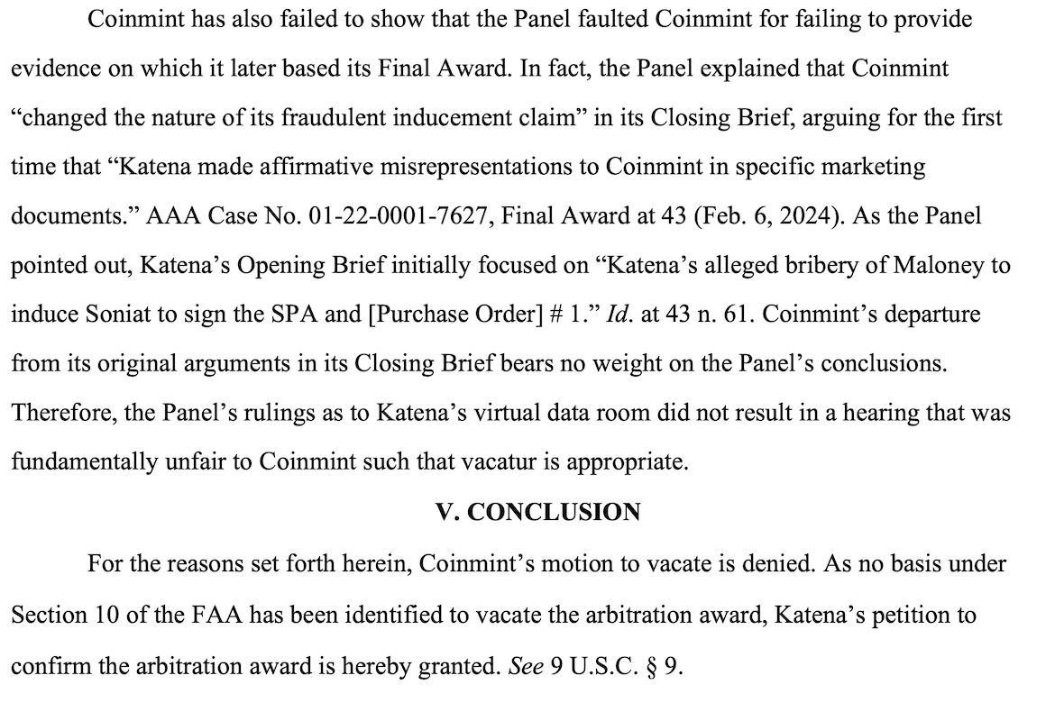Court Sides with Katena Confirming Arbitration over Coinmint